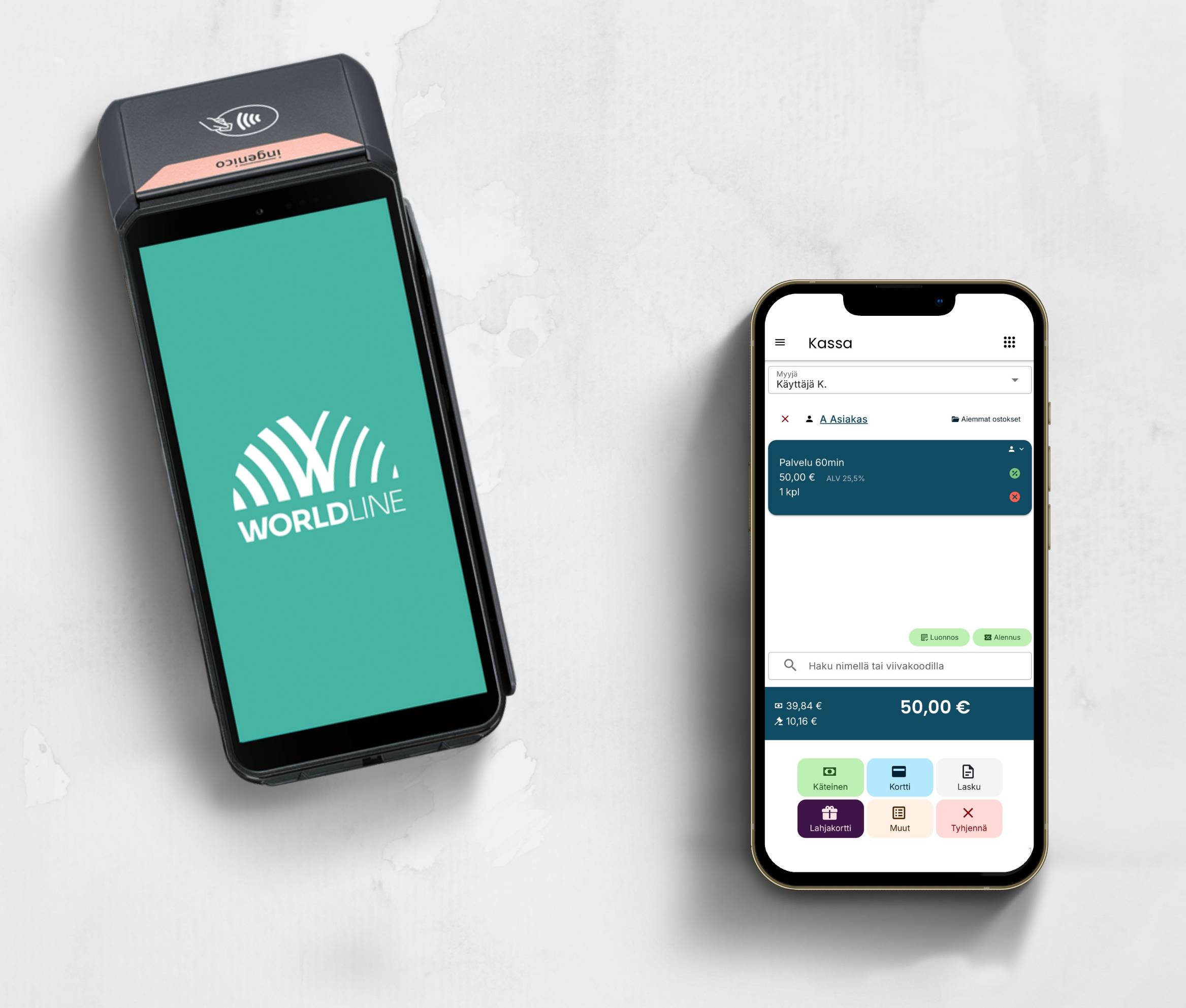 Worldline DX8000 maksupääte ja Slotti esiteltynä iPadin ruudulla.