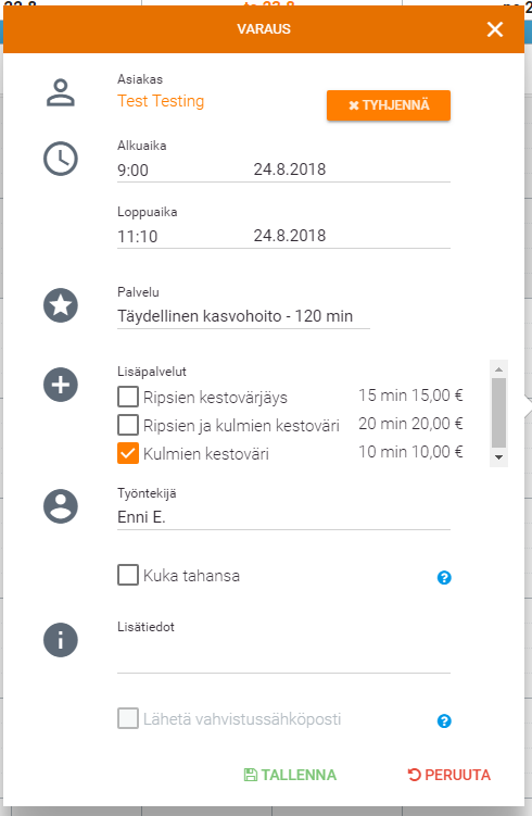 varaus lisäpalveluilla